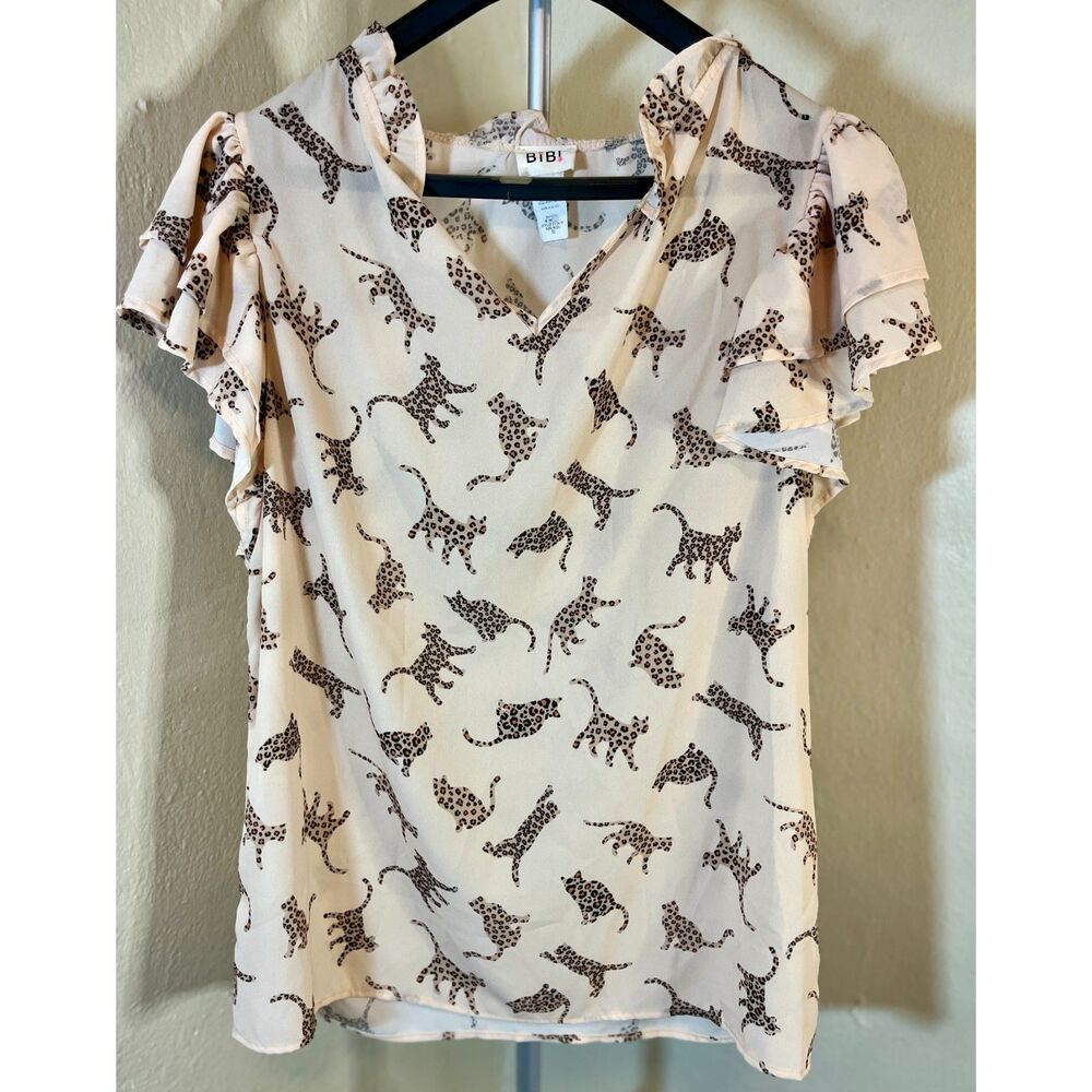 BiBi Leopard Kitten Ruffle Blouse  Size XL
